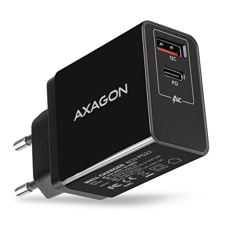 AXAGON ACU-PQ22, PD a QUICK nabíječka do sítě, 2x port QC3.0/AFC/FCP + PD type-C, 22W