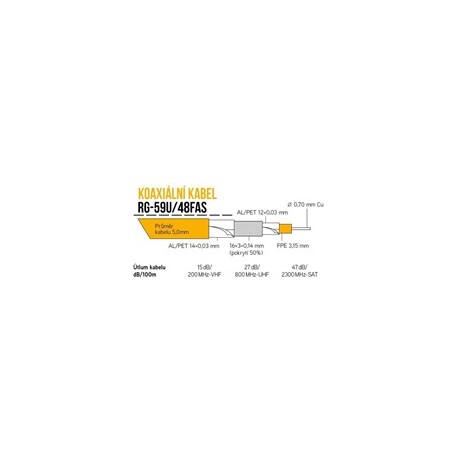 Koaxiální kabel RG-59U/48FAS 5 mm, trojité stínění, impedance 75 Ohm, PVC, bílý, cívka 305m