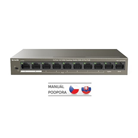 Tenda TEF1110P-8-63W PoE AT switch - 8x PoE 100 Mb/s + 2x Uplink 100 Mb/s, PoE max 63W, fanless