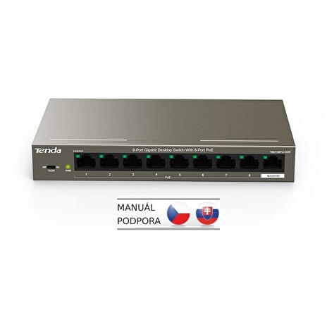 Tenda TEG1109P-8-102W PoE AT switch 8x PoE 802.3af/at + 1x Uplink, 9x 1 Gb/s, PoE 102W, fanless