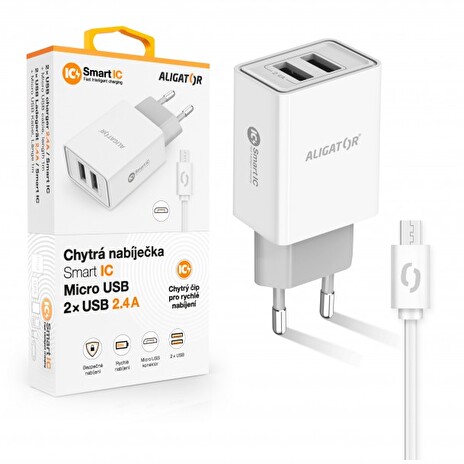 ALIGATOR Chytrá síťová nabíječka 2,4A, 2xUSB, smart IC, bílá, micro USB kabel