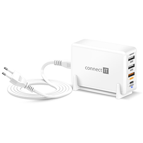 CONNECT IT Fast Charge nabíjecí adaptér 3xUSB-A + 1xUSB-C, QC, 65W PD, BÍLÝ