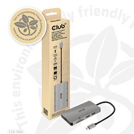 Club3D Dokovací stanice USB 3.2 typ C (2xHDMI, 2xUSB-A, RJ45, SD/ Micro SD USB Type-C female port), Triple Dynamic