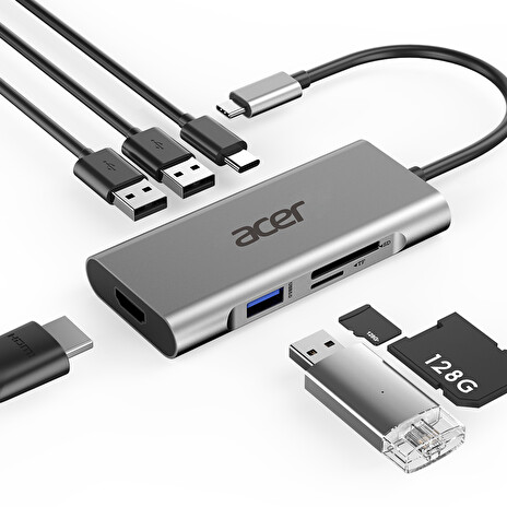 Acer 7v1 dongle, 3x USB 3.0, 1x HDMI, 1 x TYPE C PD, 1x čtečka SD karet, 1x čtečka TF karet