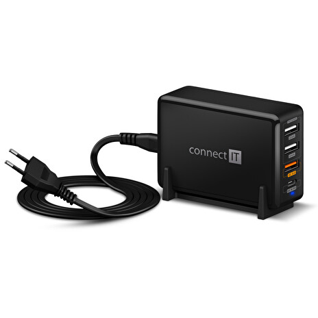 CONNECT IT Fast Charge nabíjecí adaptér 3xUSB-A + 1xUSB-C, QC, 65W PD, ČERNÝ