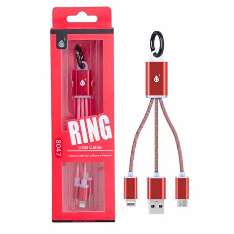 Aligator datový kabel PLUS 8047 2v1, MicroUSB+ lightning, červený, přívěšek na klíče