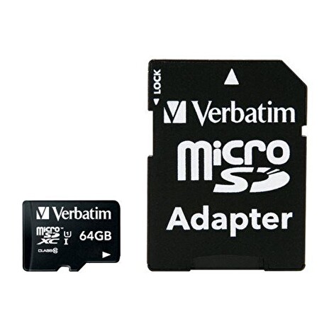 Paměťová karta Micro SDHC, 64GB, Class 10, s adaptérem, VERBATIM