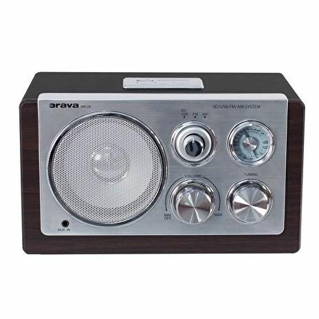 Orava RR-29, retro rádio, Analogový AM / FM tuner, čtečka SD / MMC, USB host, Podpora WMA / MP3, 3,5 mm AUX, 3 W